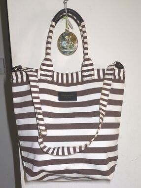 henri bendel Brown & Cream Striped Canvas Tote Weekender Bag LOW PRICE $80